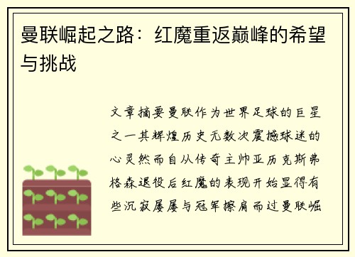 曼联崛起之路：红魔重返巅峰的希望与挑战